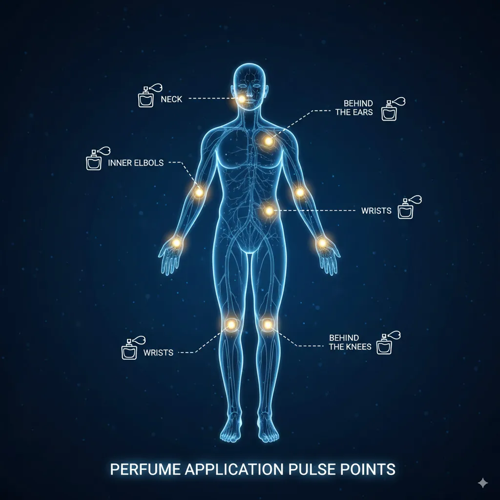 A schematic representation of the body with highlighted pulse points (wrists, neck, behind the ears, inner elbows, behind the knees), where perfume is ideally applied.