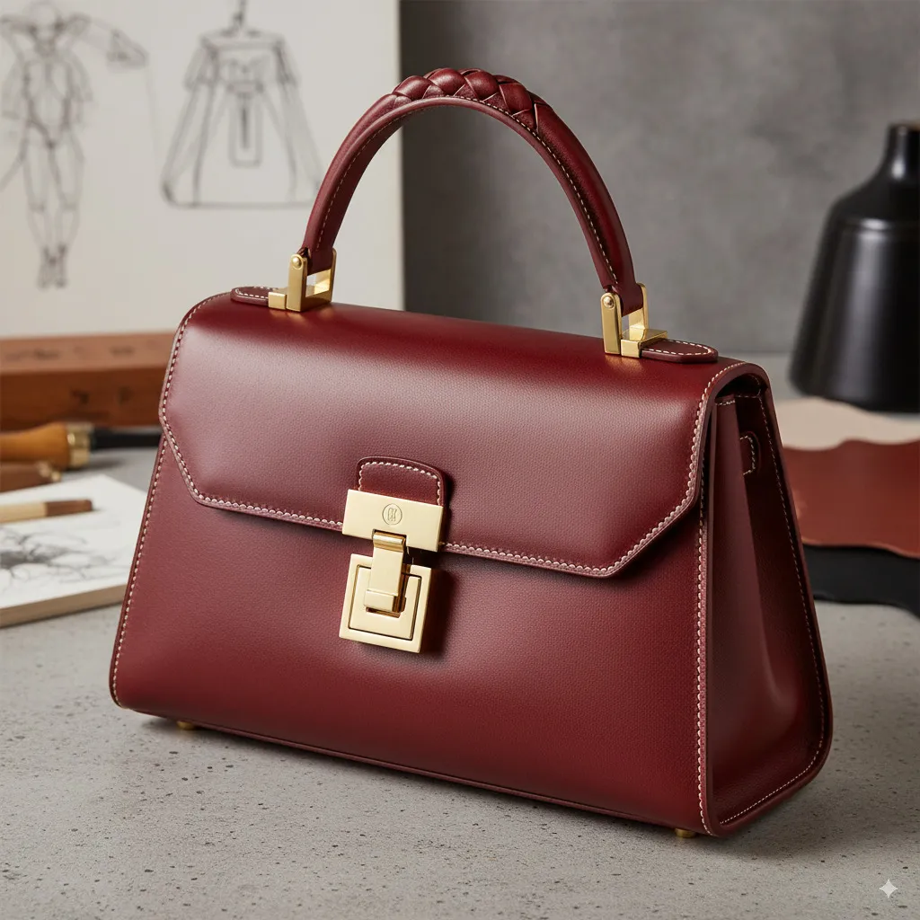 Detail shot of an exquisitely crafted leather handbag, showcasing craftsmanship and design quality.