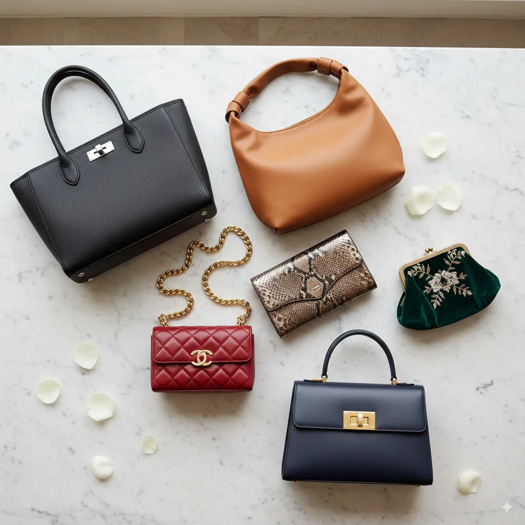 A selection of iconic handbags, from a classic leather tote to an elegant clutch, presented in an appealing, sophisticated setting.
