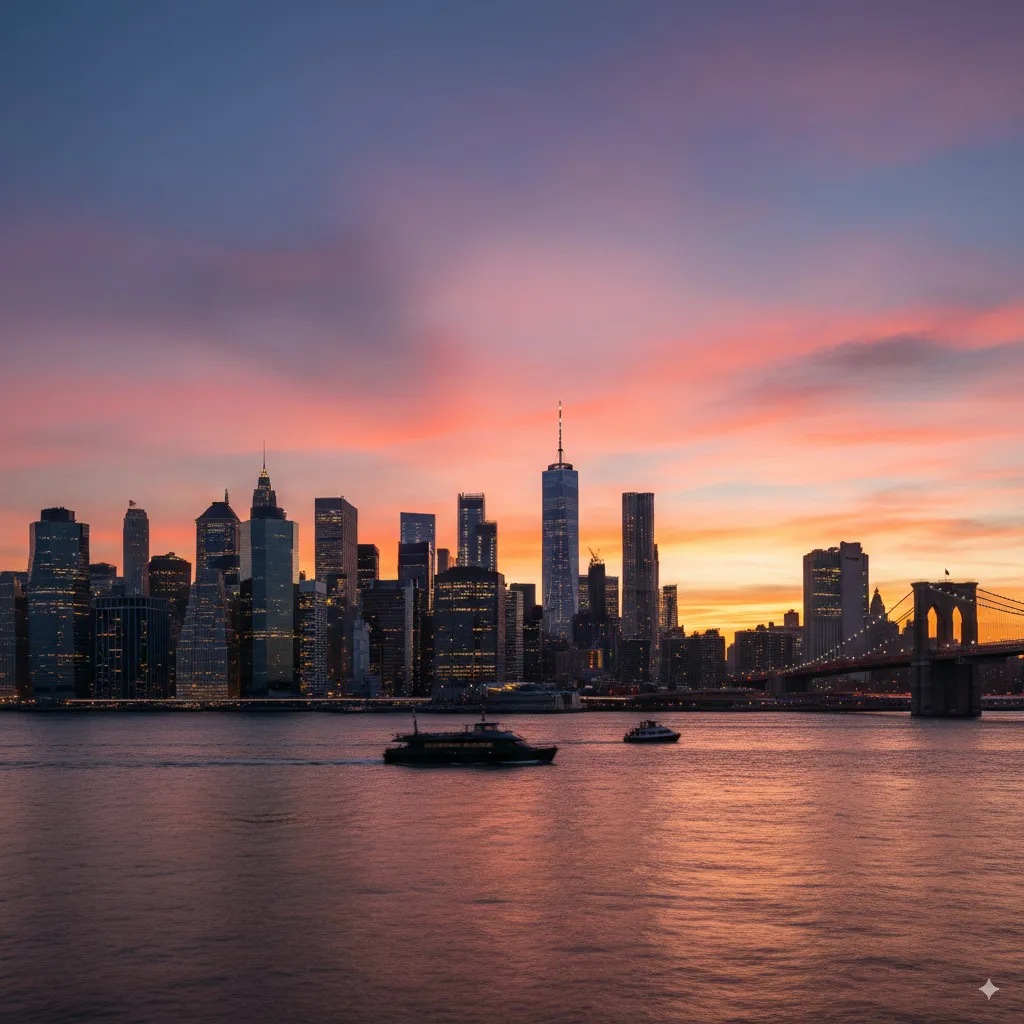 De iconische skyline van Manhattan bij zonsondergang, gezien vanaf de overkant van het water, met zijn torenhoge architectuur.