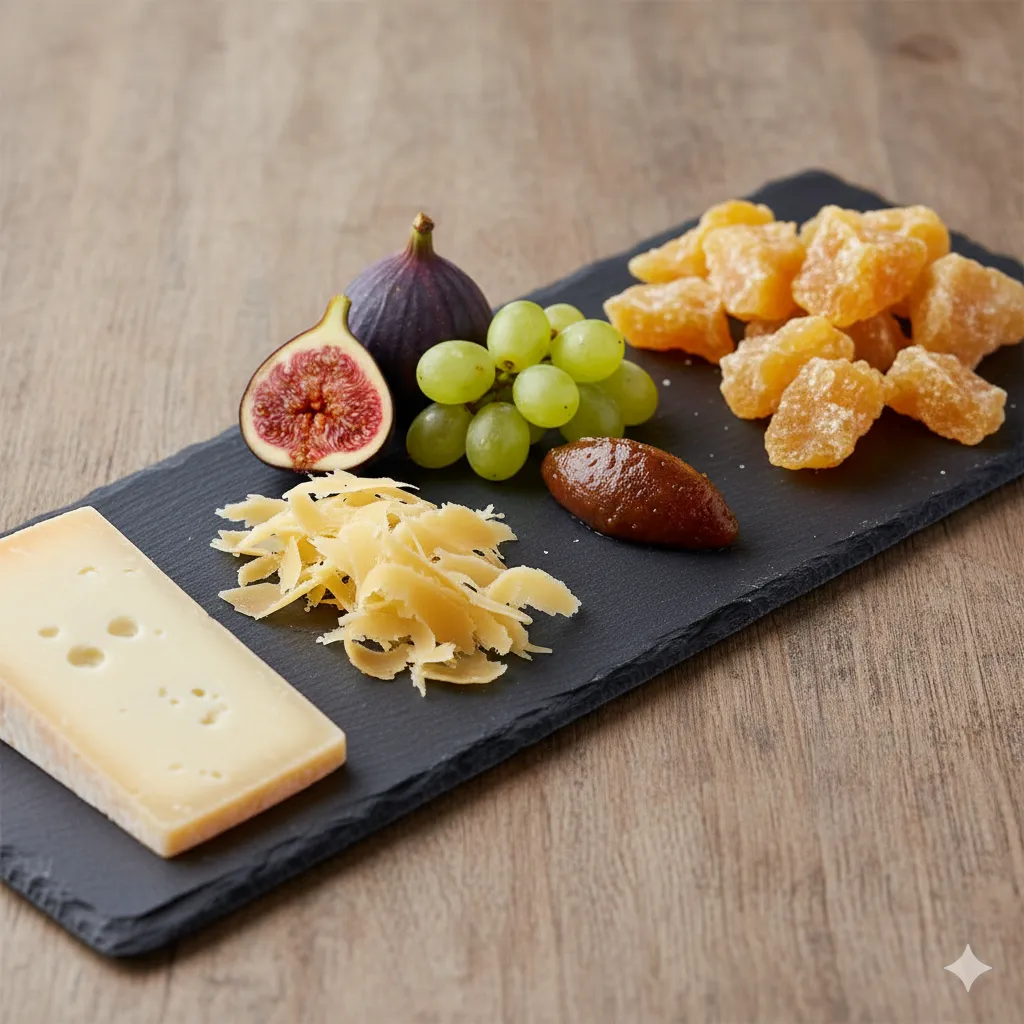 An elegant variation of Comté cheese in different maturations with fig and grapes.