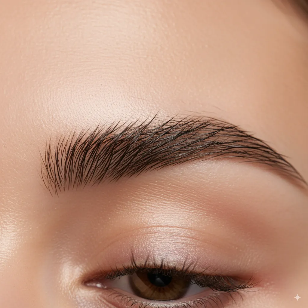 A close-up of perfectly shaped yet natural-looking eyebrows that are brushed upwards, elegantly framing the face.
