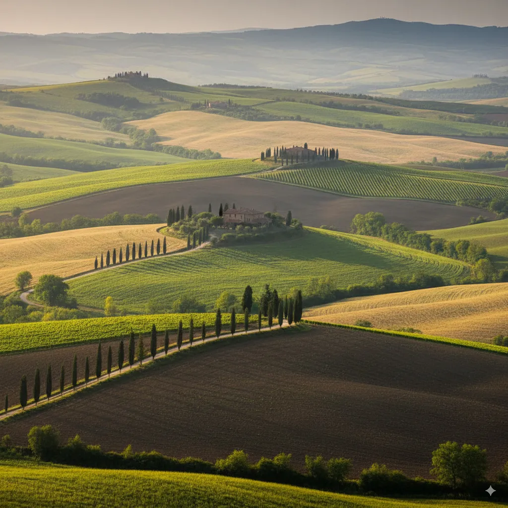 Een adembenemende landschapsfoto van Toscane, die de typische sfeer en schoonheid vastlegt met glooiende heuvels, cipressen en wijngaarden.