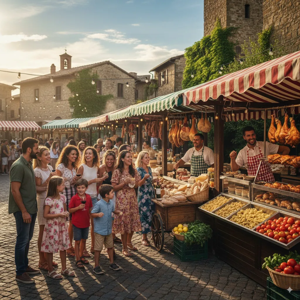 Een levendige opname van een typische markt of een streetfood-scène in Toscane.