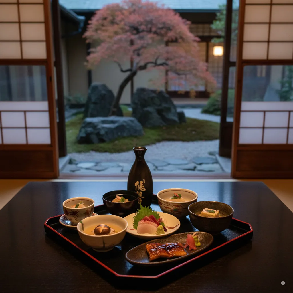Een afbeelding die de essentie van Kyoto en haar keuken vastlegt, bijv. een traditioneel Japans restaurant, een kunstig opgemaakt Kaiseki-menu of een serene Zen-tuin.