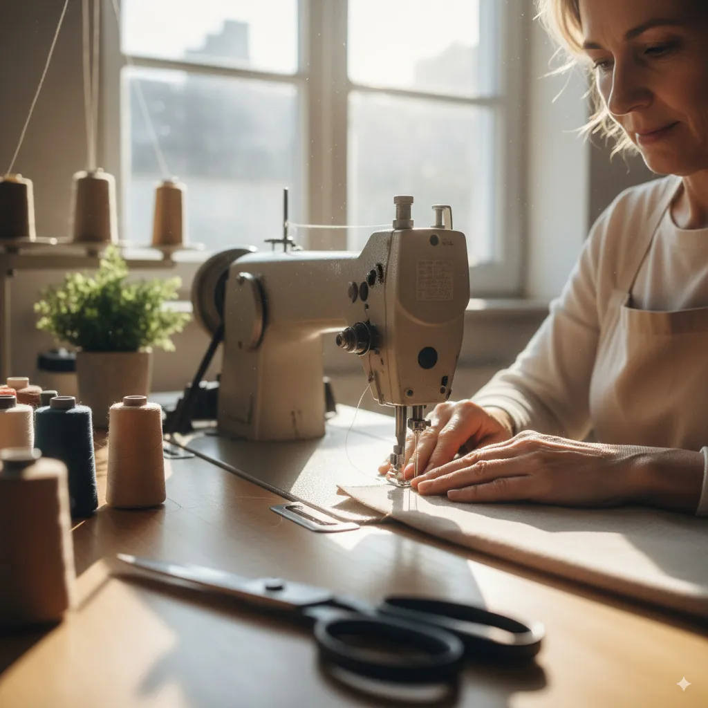 The hands of an artisan carefully sewing in a bright, clean workshop, symbolizing respect and fair labor.