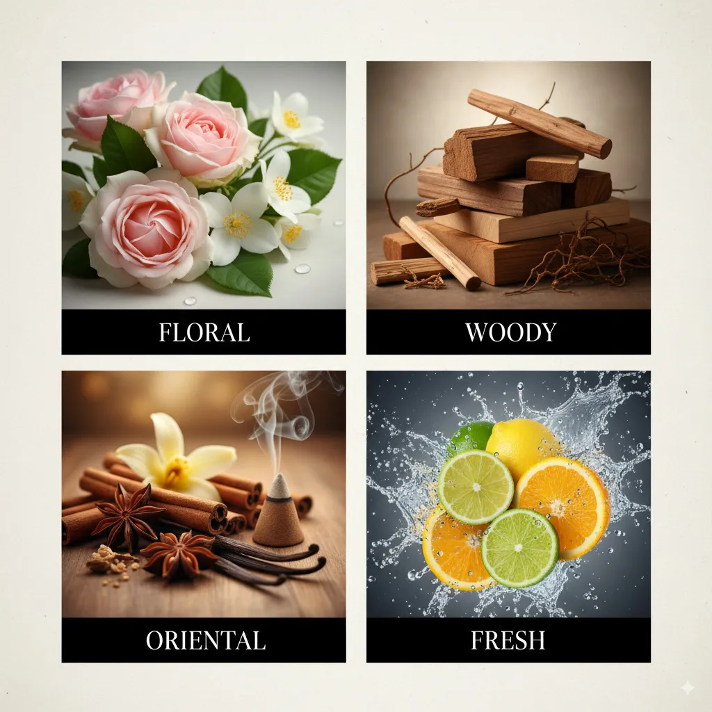 An aesthetic collage symbolizing different fragrance families: delicate flowers for 'Floral,' noble woods for 'Woody,' exotic spices for 'Oriental,' sparkling citrus fruits for 'Fresh'.