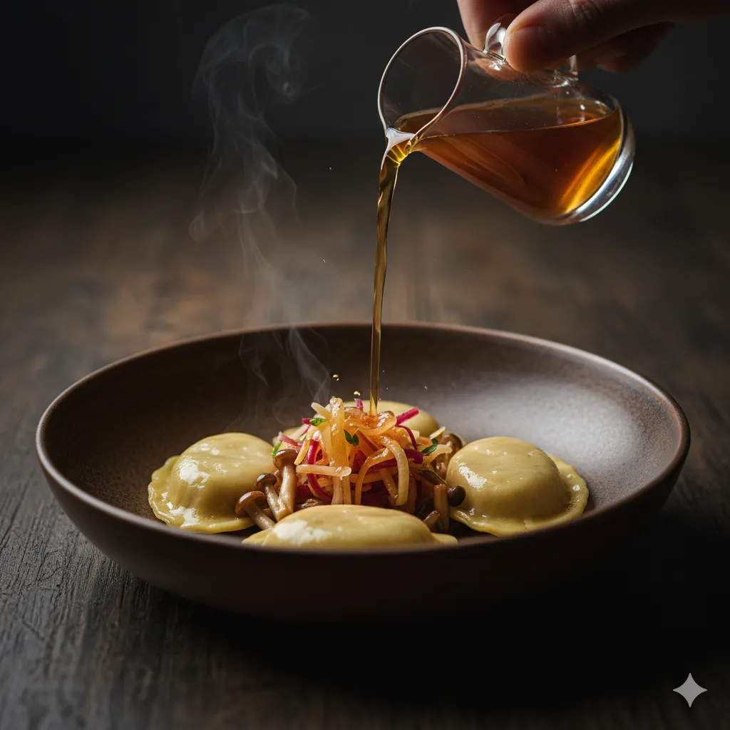 A crystal-clear goose consommé is ceremoniously poured over handmade goose ravioli and fermented vegetables.