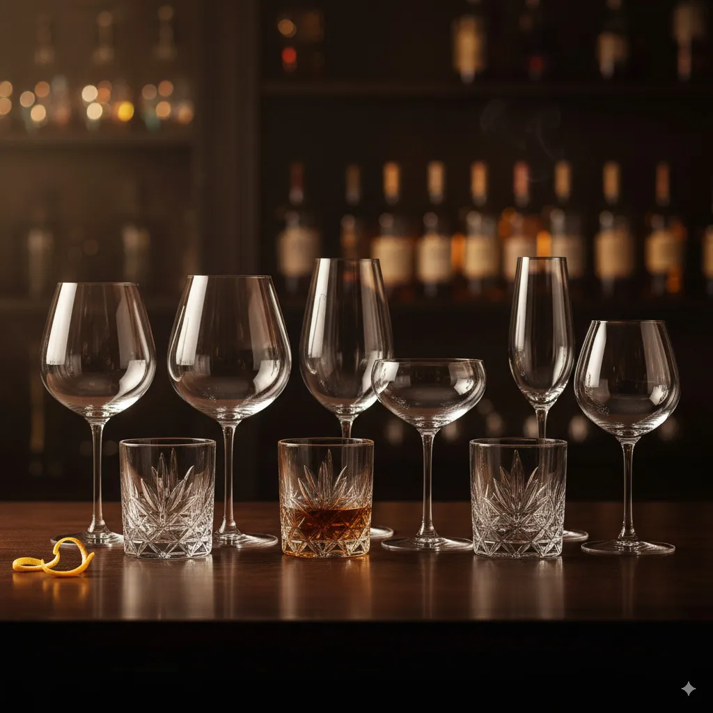 A selection of elegant glasses for different types of beverages—wine glasses, cocktail glasses, spirit glasses—stylishly presented.