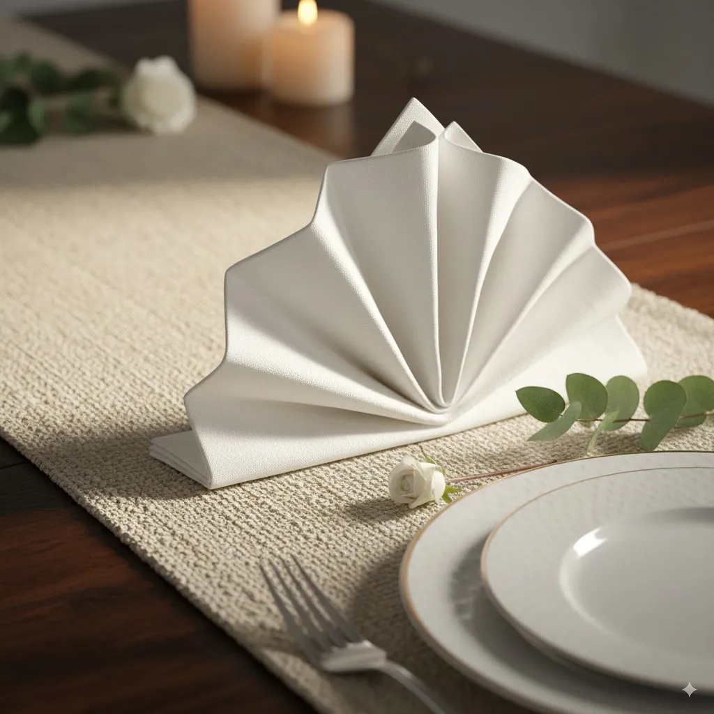 A detail shot of a set table, showing the texture of a high-quality tablecloth or a linen runner and elegantly folded cloth napkins.
