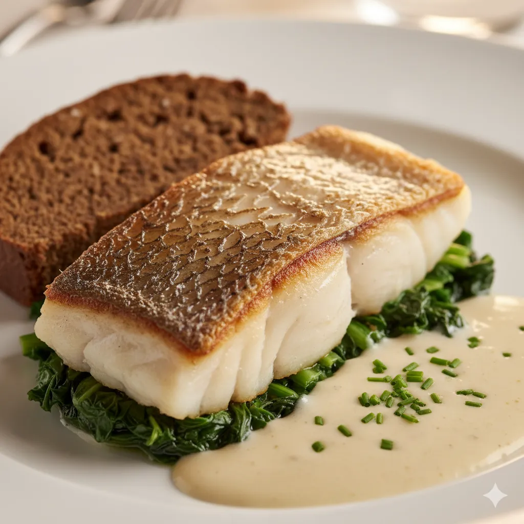 Perfectly cooked halibut on chard with beurre blanc and a slice of black bread dumpling.