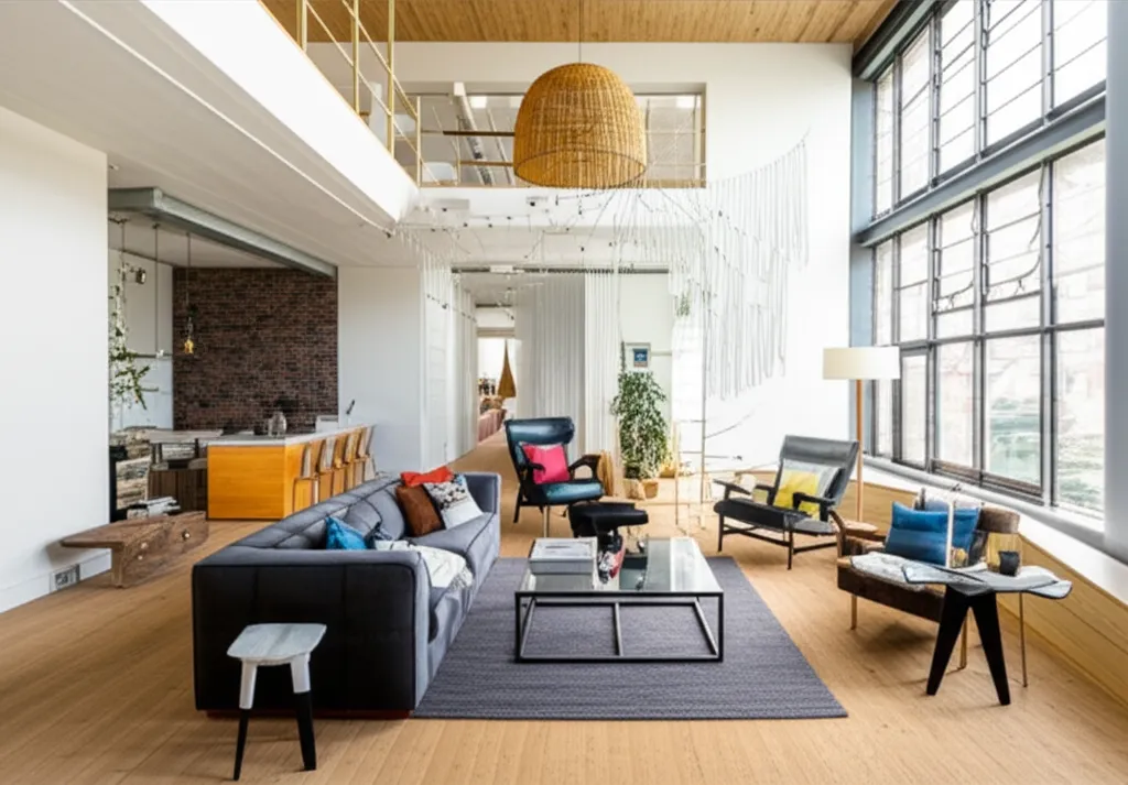 The light-flooded living area of the loft, with a focus on the furnishings, color palette, and special design elements.