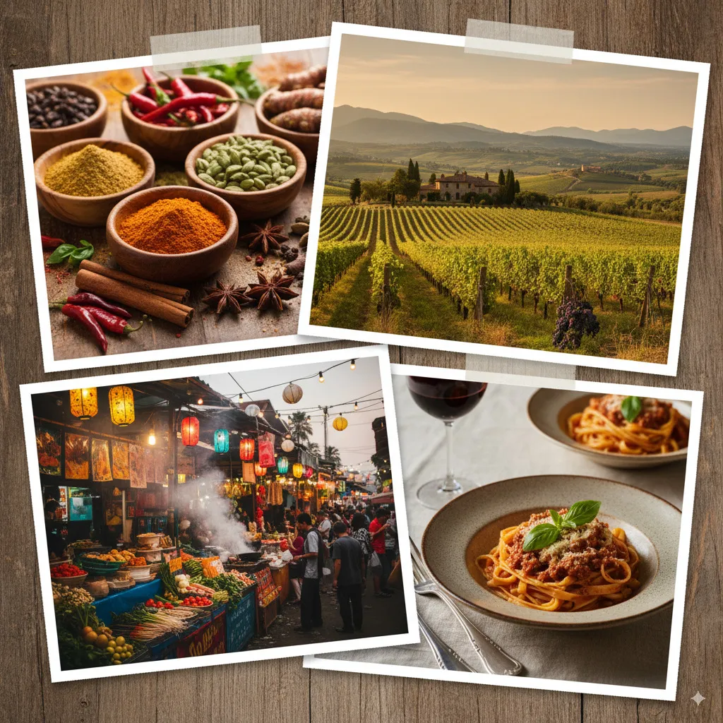 Een verleidelijke collage of moodboard die de diversiteit van culinaire reizen suggereert: exotische kruiden, een pittoreske wijngaard, een bruisende straatmarkt, een elegant opgemaakt regionaal gerecht.