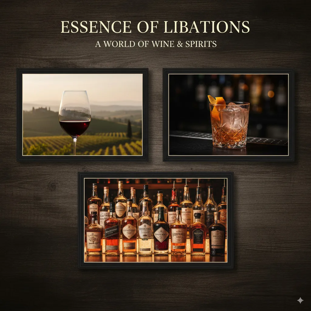 An elegant scene hinting at various aspects of wine & drinks: a glass of red wine in front of a picturesque vineyard landscape, an artfully garnished cocktail, a selection of fine spirit bottles.