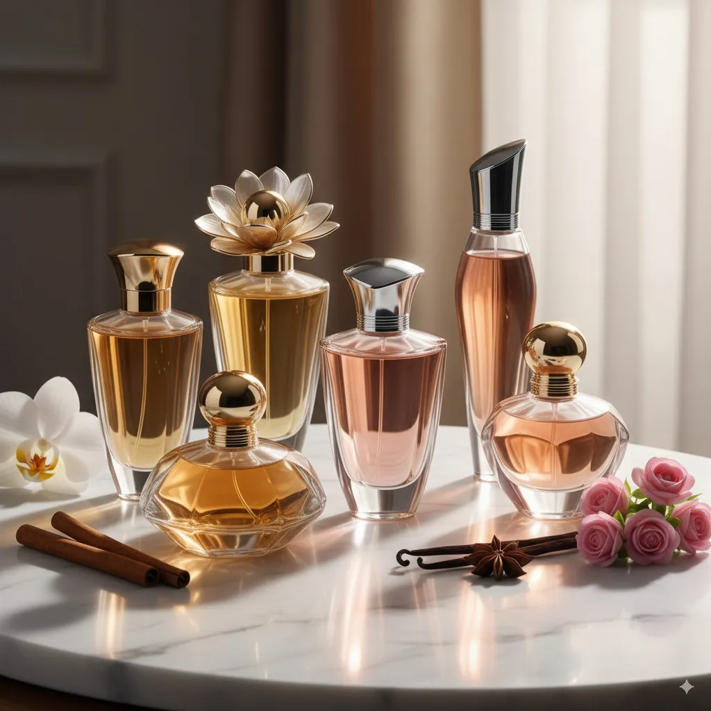 A selection of elegant, artistic perfume bottles arranged on a sophisticated surface, perhaps with subtle hints of fragrance notes like flowers or spices.