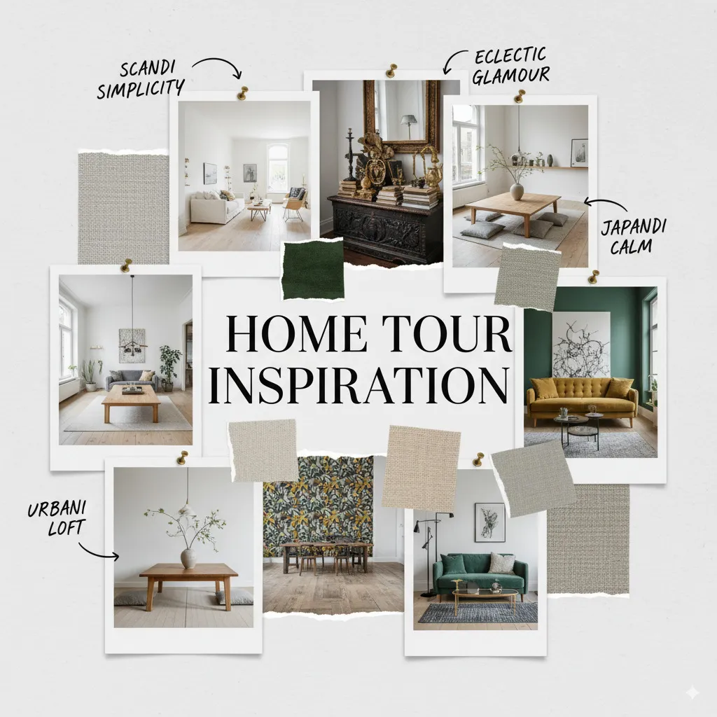 An appealing collage or mood board showing snippets of various stylish interiors, sparking curiosity for the home tours.