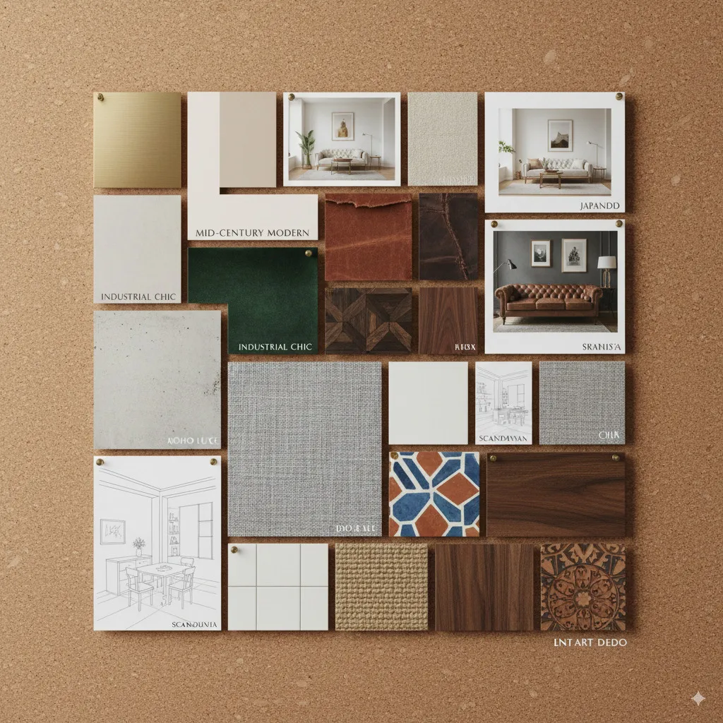 Een elegante collage of een inspirerend moodboard dat hint naar diverse texturen, kleurenpaletten en sleutelelementen van verschillende interieurstijlen.