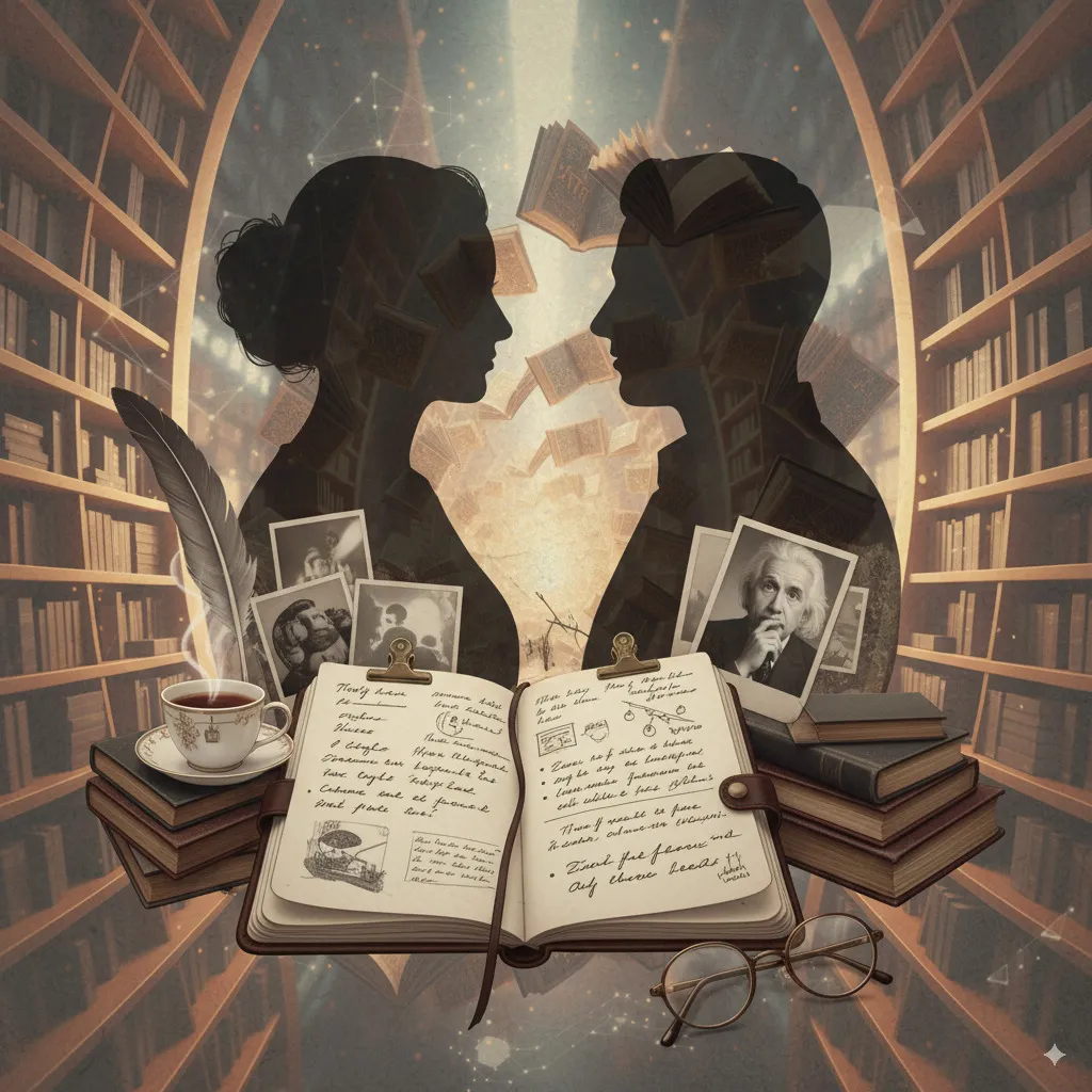 مجموعة صور أنيقة وفكرية تلمح إلى جوانب مختلفة من المقابلات: ربما صورة ظلية لشخصين في محادثة، دفتر ملاحظات به ملاحظات مكتوبة بخط اليد، صورة أيقونية لشخصية ملهمة.