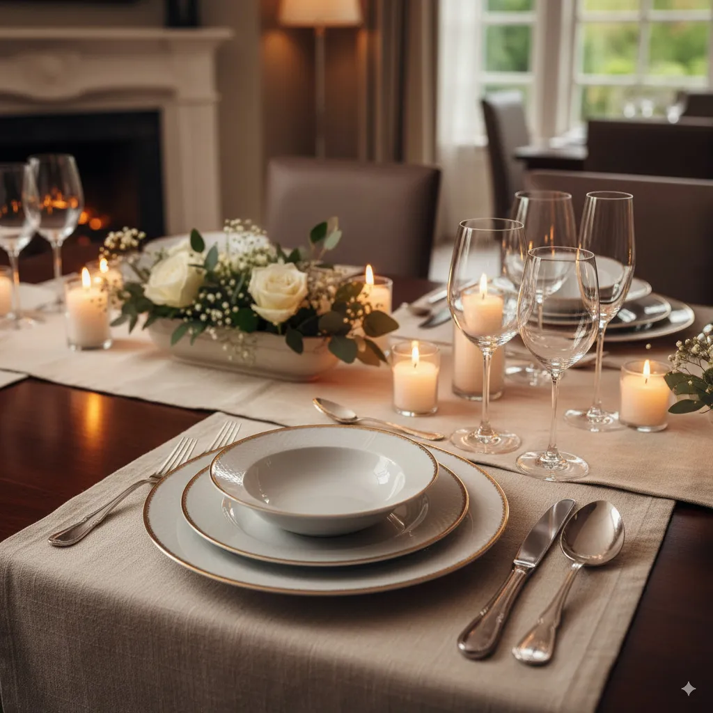 An elegantly set table showing various elements of table culture: high-quality dinnerware, shiny cutlery, stylish glasses, a subtle floral decoration, and candlelight.