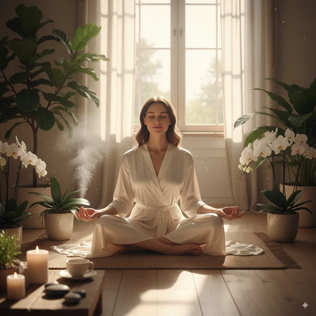 A serene and aesthetic scene symbolizing deep well-being and elegant relaxation—perhaps a person in quiet contemplation, surrounded by natural elements and soft light.