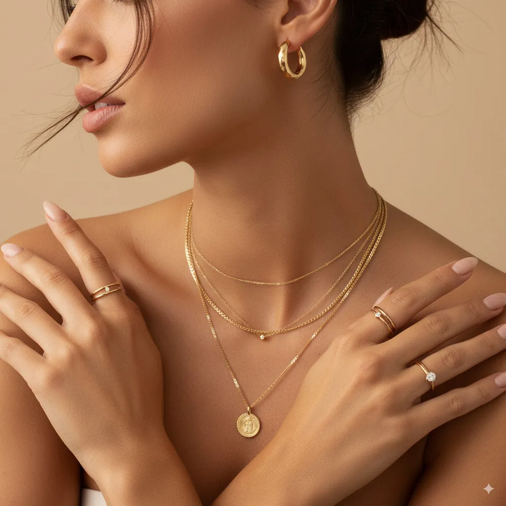 A close-up of artfully worn jewelry: layered gold chains on skin, minimalist rings on manicured hands, and elegant earrings framing a face.