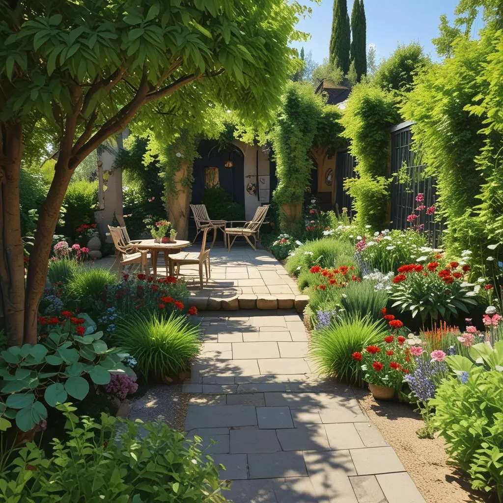 A beautifully designed garden with different zones: a cozy seating area under a tree, flowering beds, a well-kept lawn, or a small pond.