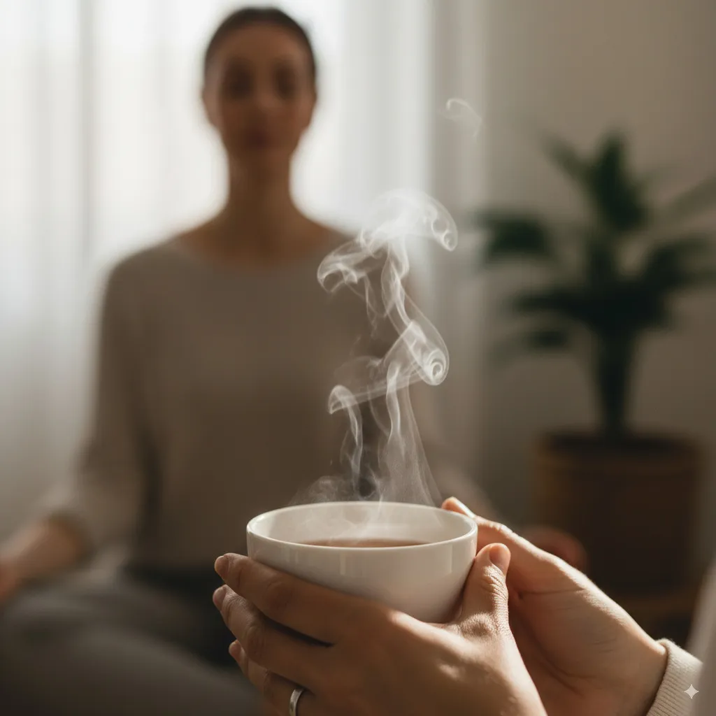 A symbolic image for mindfulness: perhaps a close-up of hands holding a teacup, with the focus on the steam, or a person sitting peacefully with closed eyes.