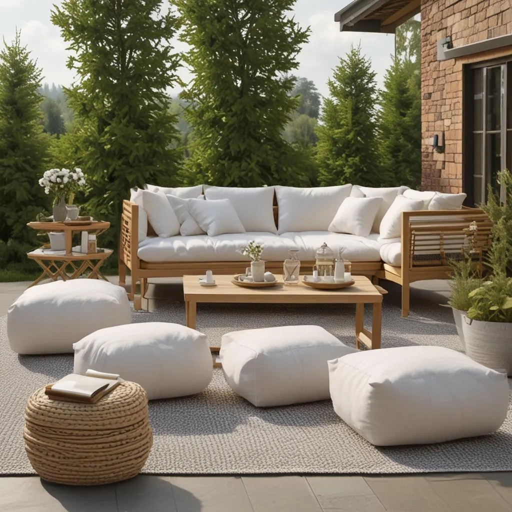 A selection of stylish outdoor decor elements: weatherproof pillows and blankets, an elegant fire pit, outdoor lanterns, a small sculpture, or a water feature.