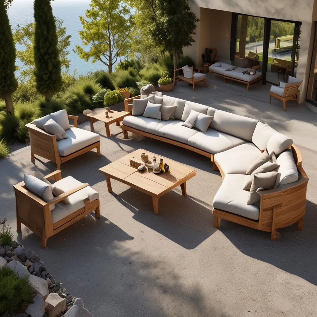 A selection of high-quality and stylish outdoor furniture: an elegant lounge group, a modern dining table with matching chairs, a cozy sun lounger.