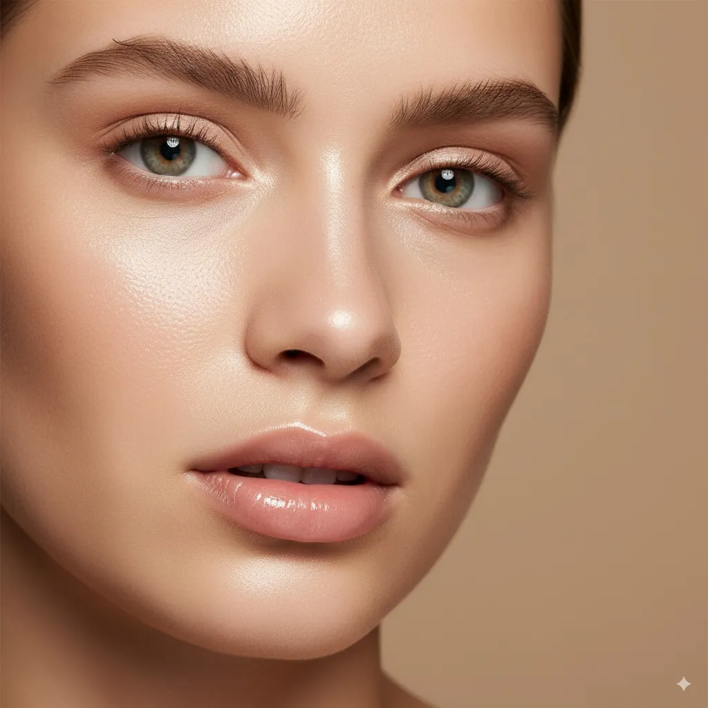 Close-up of a model's face with flawless, naturally luminous skin that looks healthy and hydrated, with subtly placed light reflections.