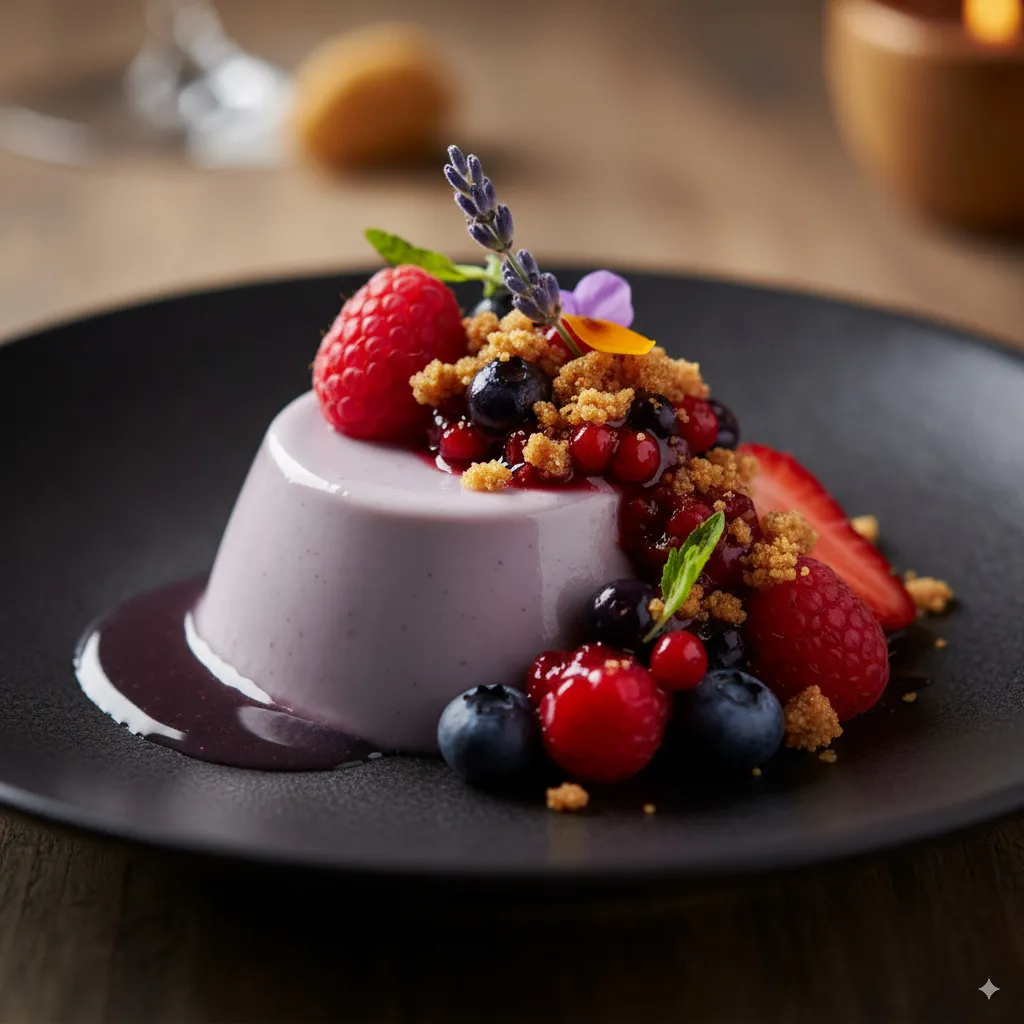 Een voortreffelijke dessertcreatie: Delicaat smeltende Lavendel Panna Cotta, meesterlijk gepresenteerd met een levendige compote van geselecteerde bessen en een textuurrijke, knapperige amandelkruimel.