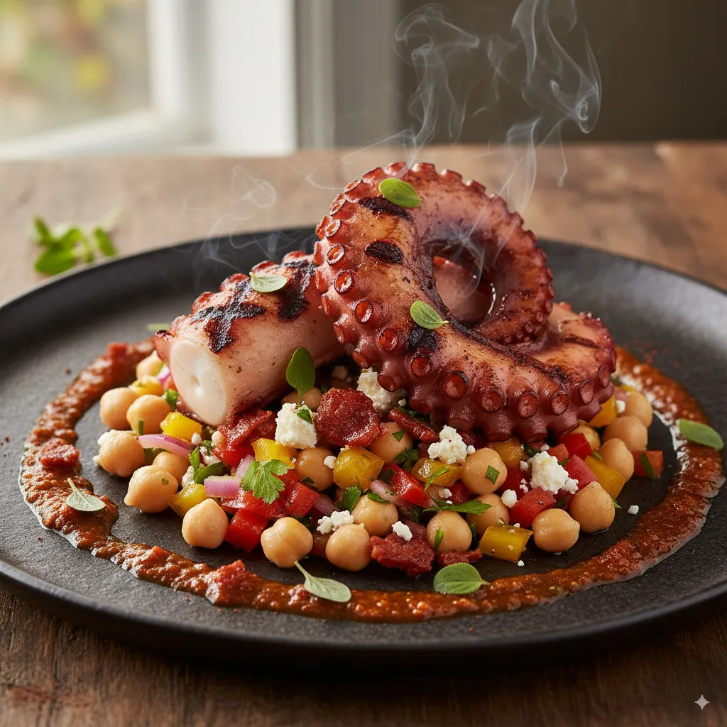 Een gerecht dat rustieke charme combineert met elegante finesse: Malse gegrilde octopus met fijne geroosterde aroma's, harmonieus geplaatst op een levendige, mediterrane kikkererwtensalade, en afgewerkt met een karaktervolle chorizo-vinaigrette.