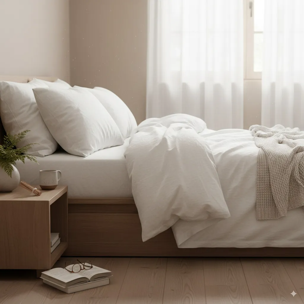 A stylish, inviting bedroom detail—perhaps a beautifully made bed with high-quality linens, soft light, and a book on the nightstand.