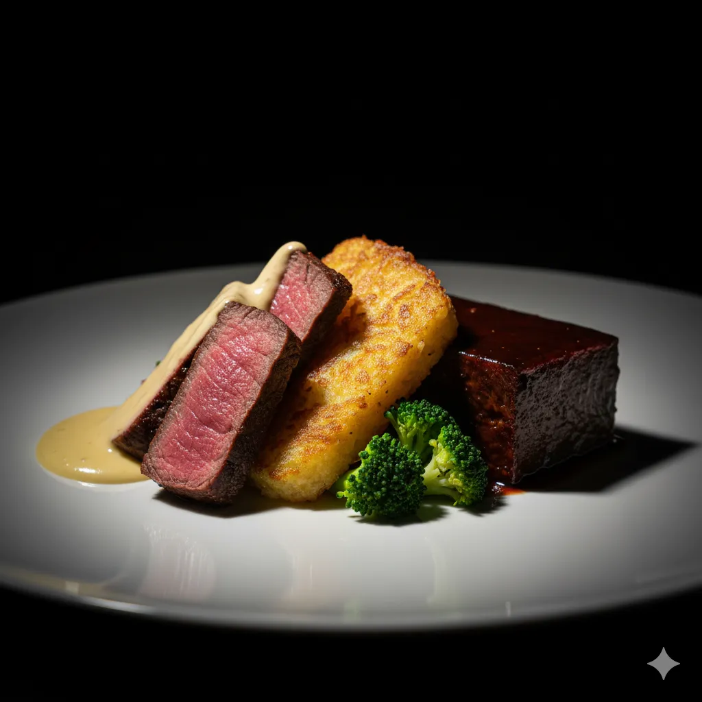 An artfully plated beef tenderloin with short rib, Rösti, and hollandaise sauce.