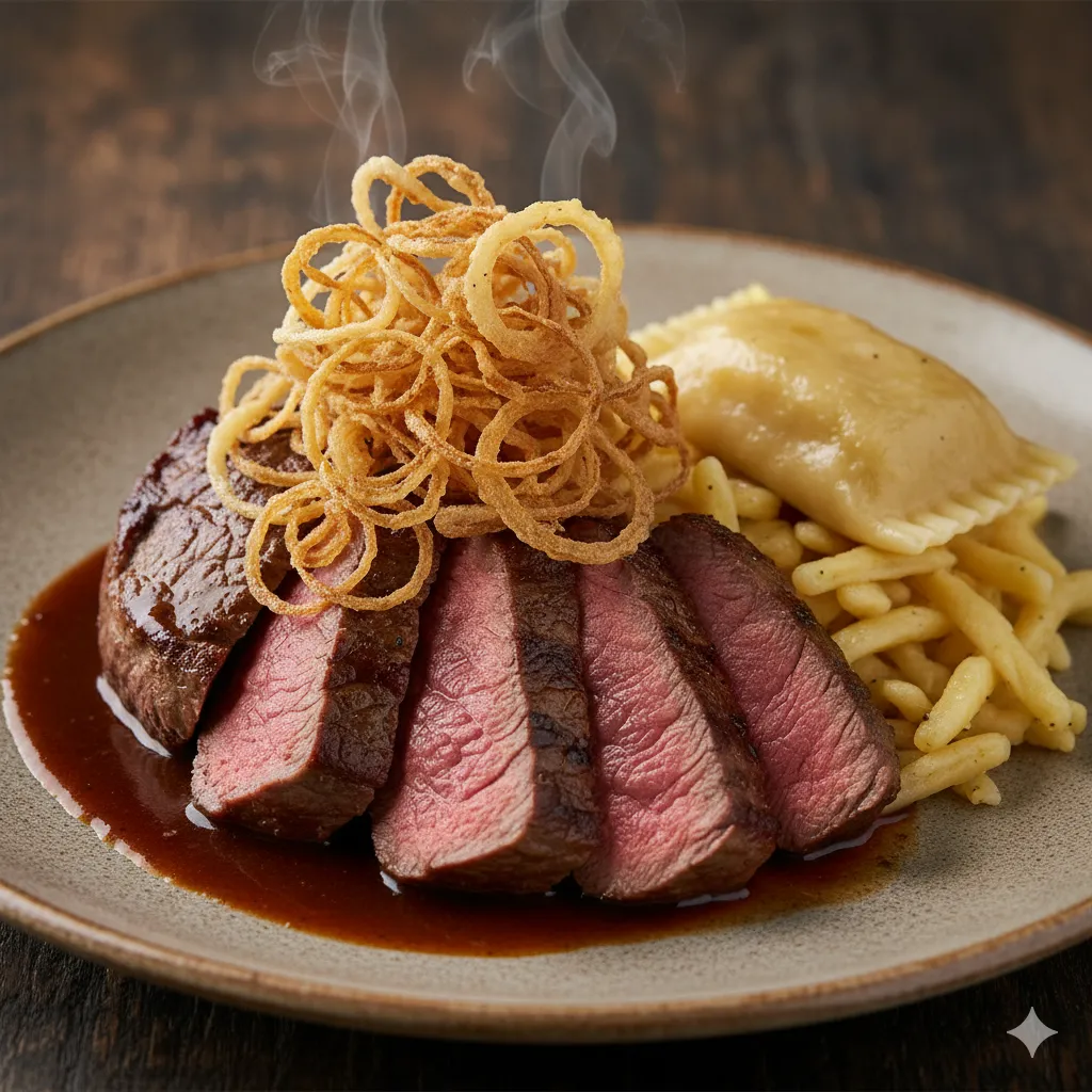A perfectly plated Swabian-style roast beef with Maultaschen, Spätzle, and crispy onions.