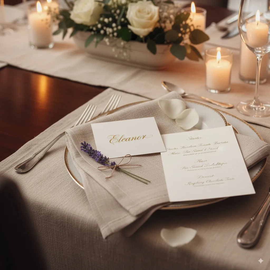 Detail shot of lovely personal touches on a set table, such as handwritten menu or place cards, a small guest gift, or seasonal decor elements.