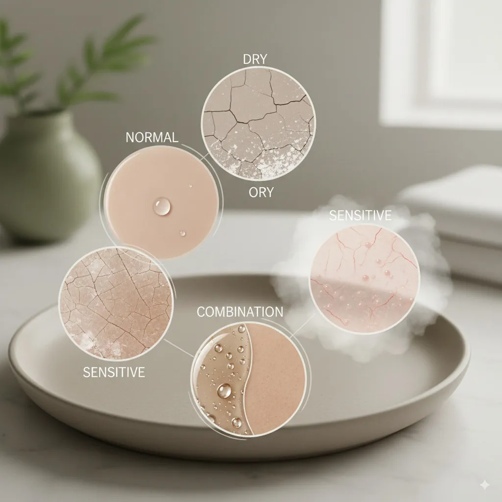 Een esthetische weergave van verschillende huidtexturen of symbolen die normale, droge, vette, gecombineerde en gevoelige huid vertegenwoordigen.