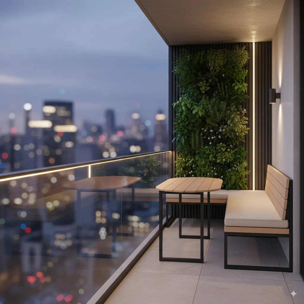 A stylishly designed small city balcony with clever furniture, vertical planting, and cozy lighting.