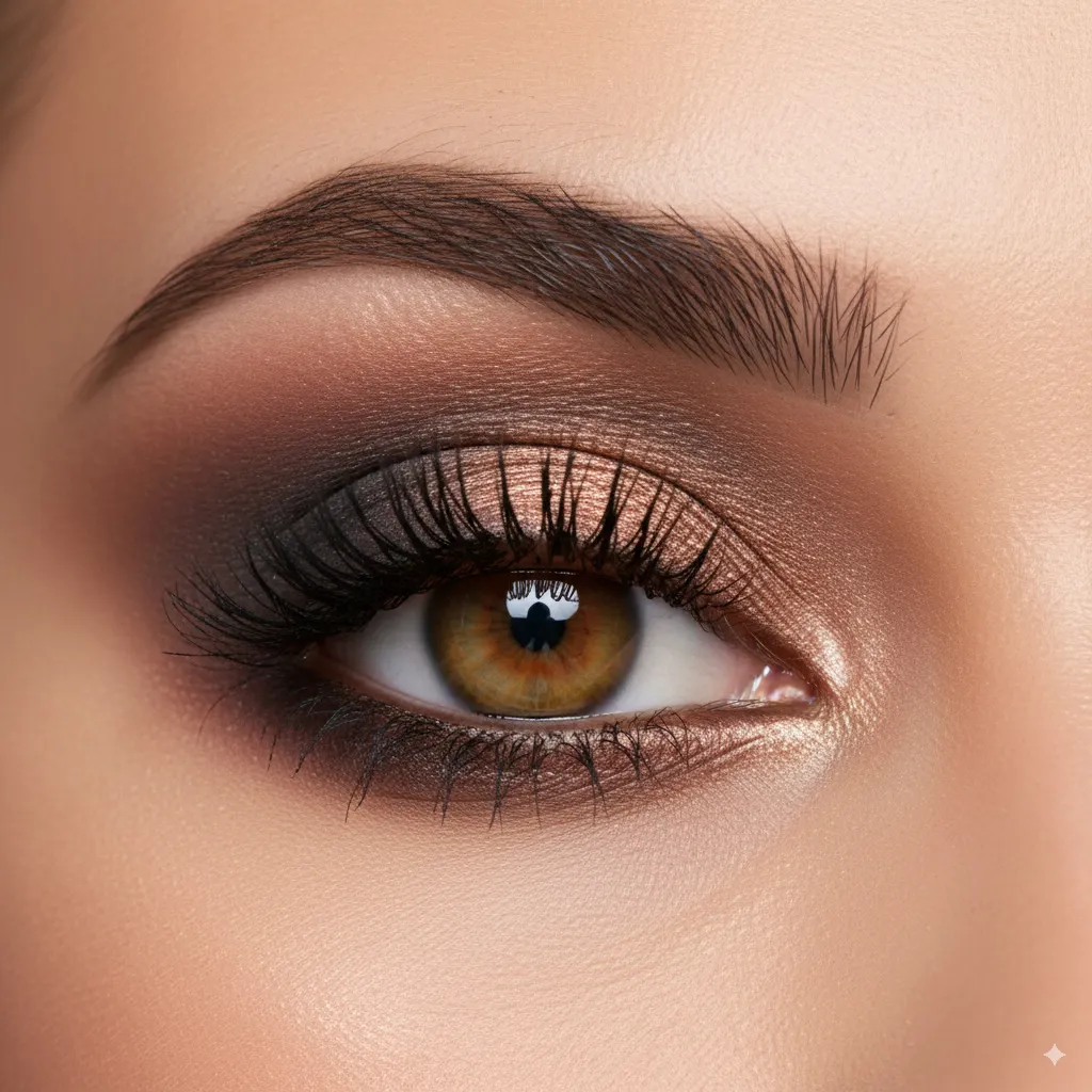 An eye makeup look with softly blended, smoky eyeshadows in elegant brown, gray, bronze, or subtle color tones, adding depth and expression.
