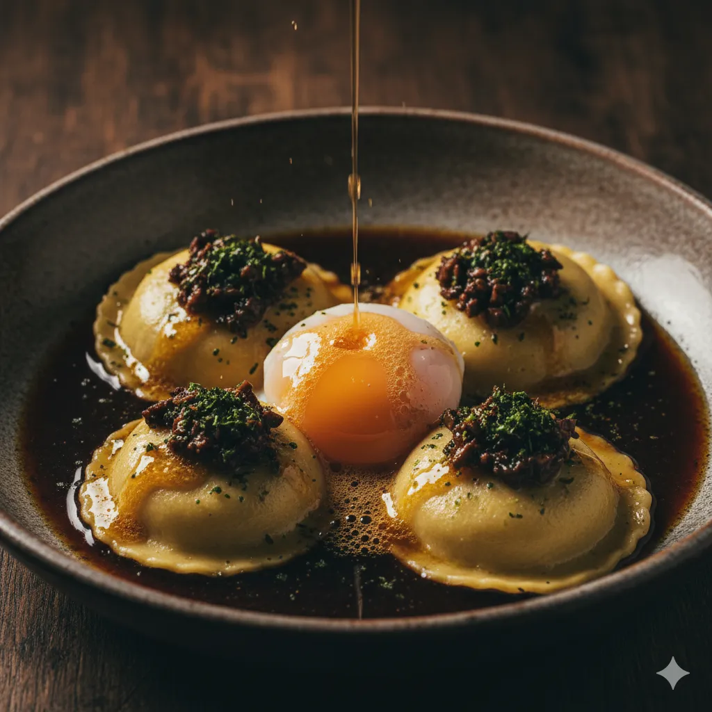 Handmade porcini ravioli with a poached egg, leek, and mushroom essence.