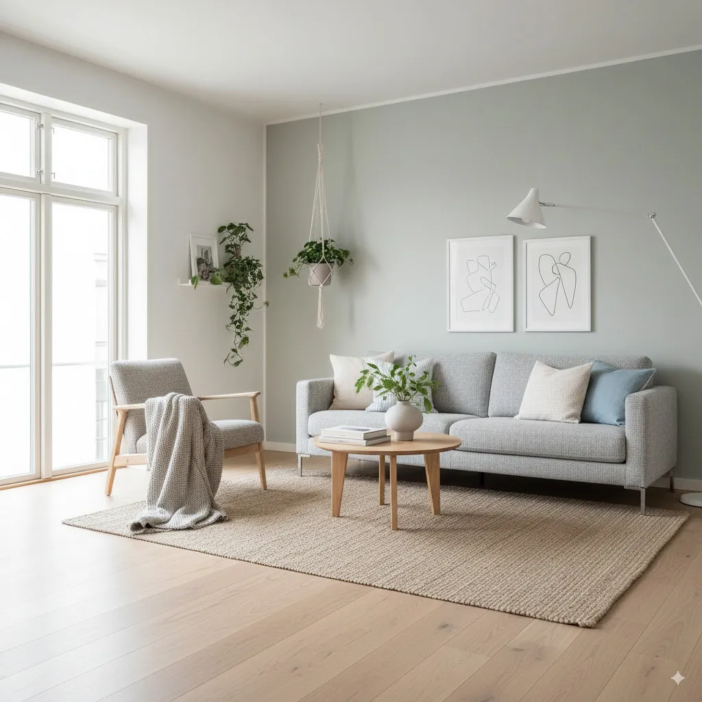 Een lichte, luchtige kamer in Scandinavische stijl: lichte houten vloeren, witte of pastelkleurige muren, minimalistische meubels met strakke lijnen, natuurlijke textiel en veel daglicht.
