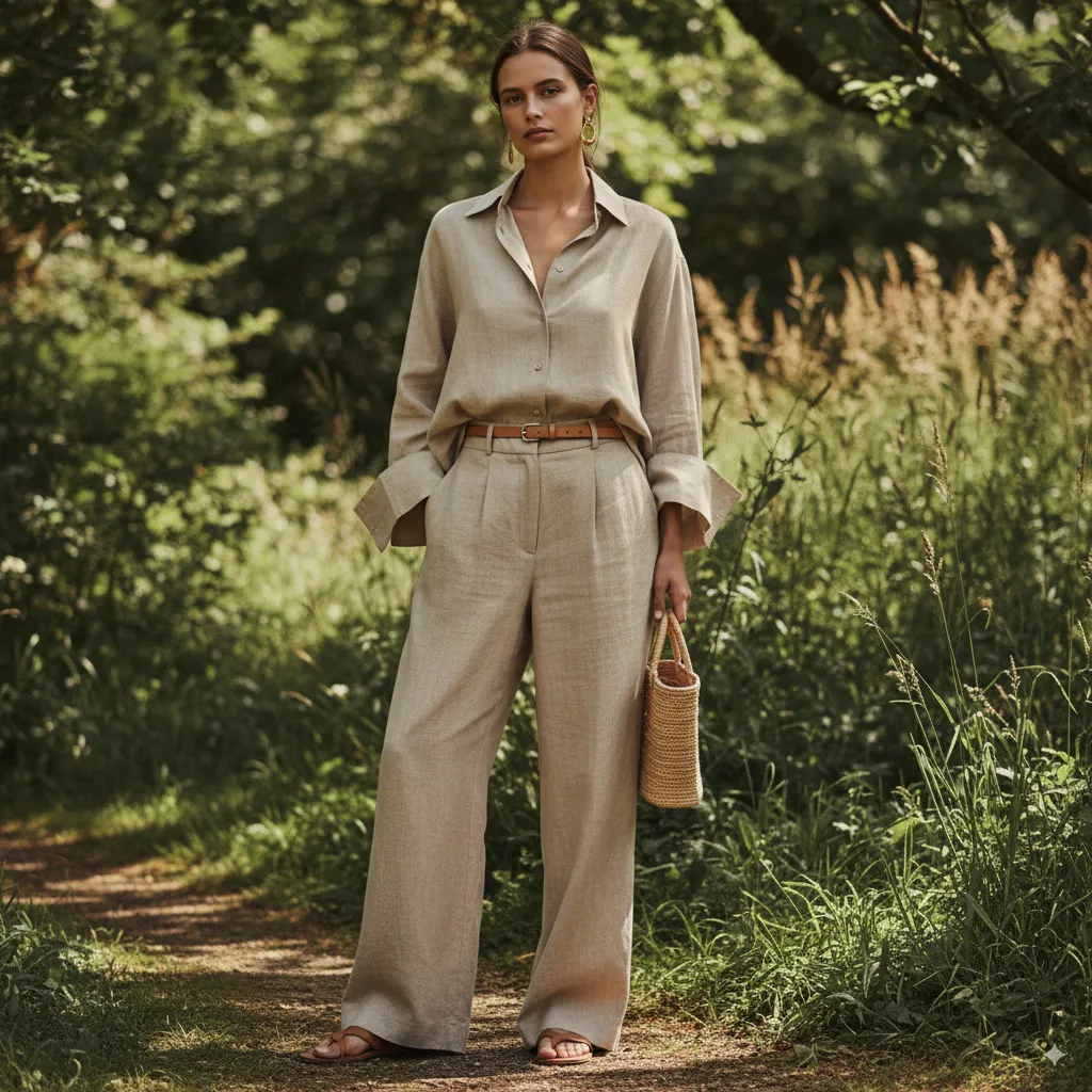 A model in a chic, timeless linen outfit, embodying the seamless blend of style and nature.