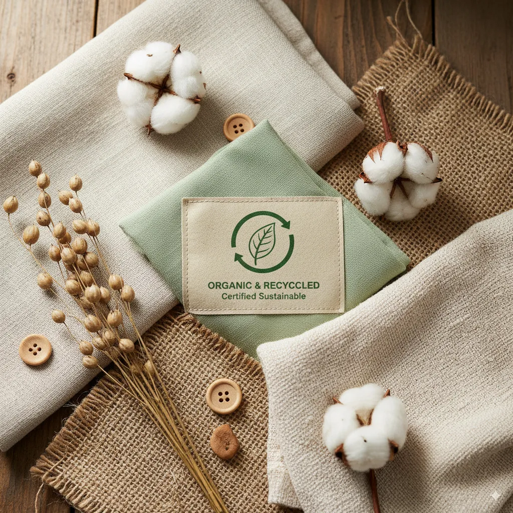 Symbolic image for sustainable fashion: A clothing label with a recognized sustainability seal, next to natural fabrics like linen or organic cotton.