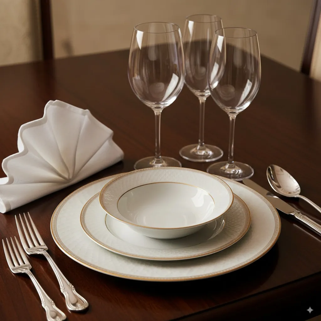 Close-up of an elegant place setting with high-quality porcelain, shiny silver cutlery, and crystal-clear wine glasses.