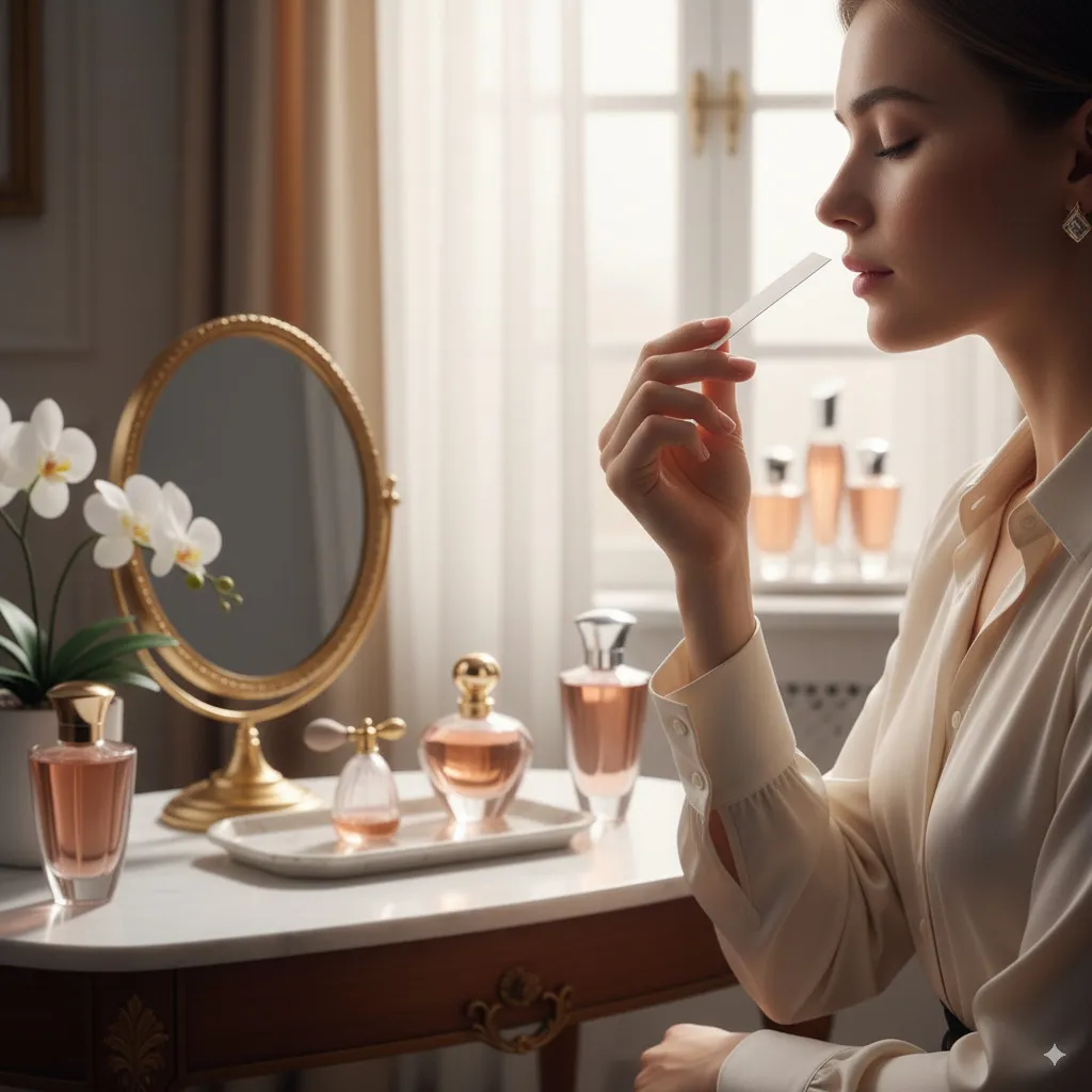 A person elegantly holding a fragrance blotter or spraying a fragrance on their wrist, in a bright, appealing environment like a perfumery or a boudoir.