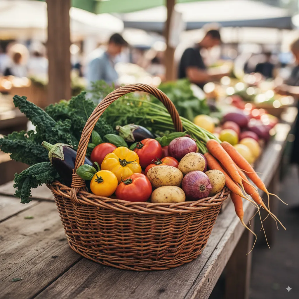 Detail shot: Perhaps a basket of fresh, seasonal vegetables straight from the market or a handcrafted regional product.