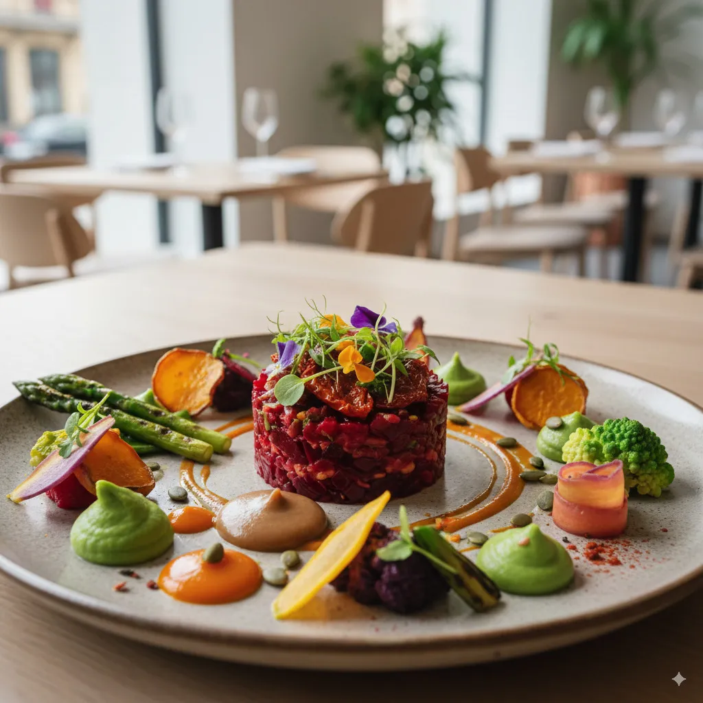 A stunningly plated, purely plant-based dish that showcases the diversity and creativity of vegetable-based cuisine.
