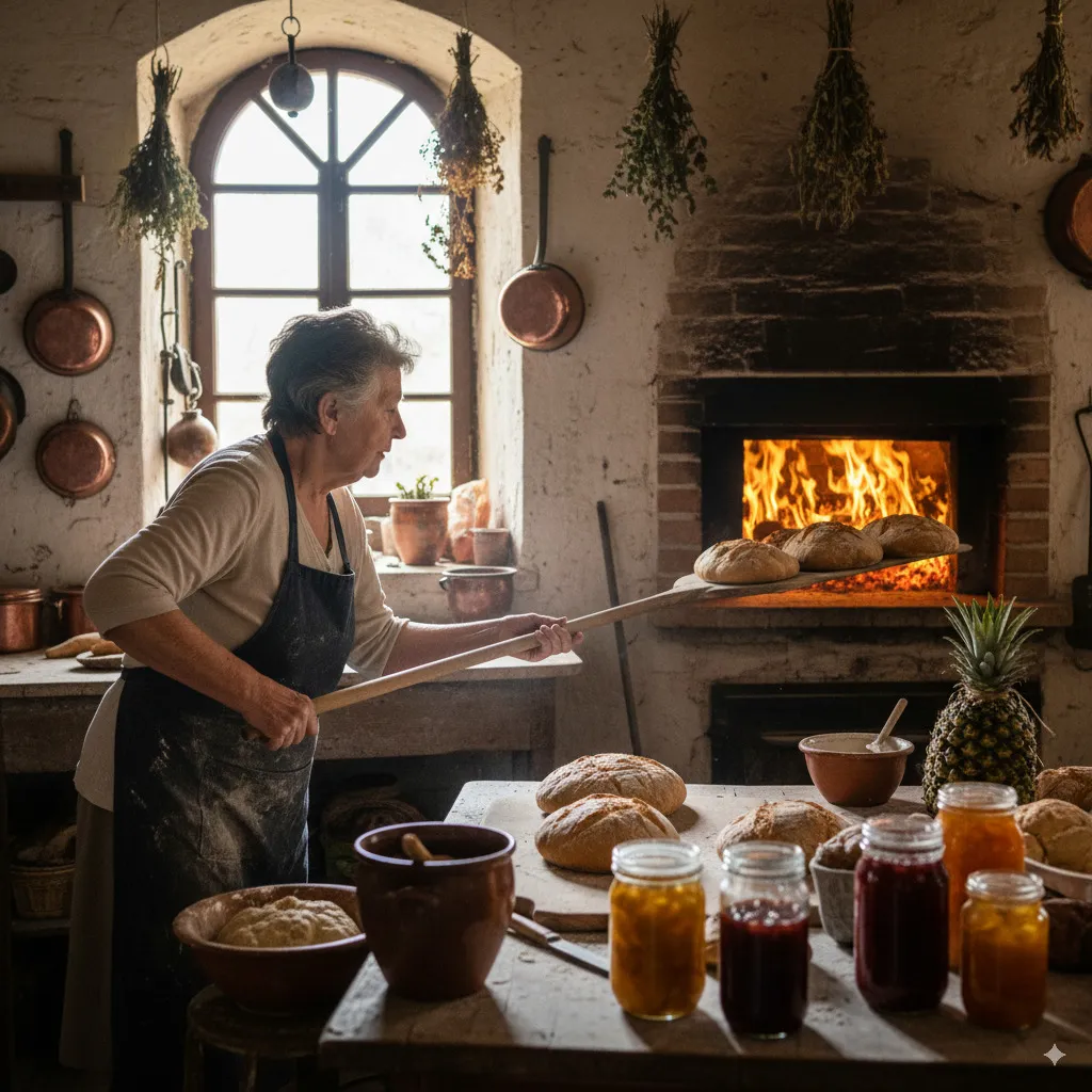 A traditional dish reinterpreted with modern accents, or a scene showing old kitchen craftsmanship (e.g., baking bread in a wood-fired oven, preserving).