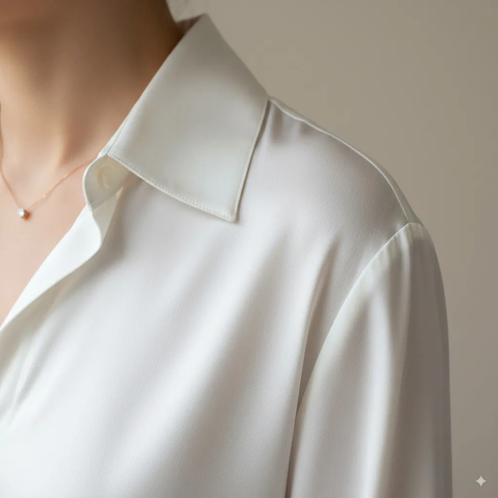 A close-up of the flawless texture and fine details of a high-quality white shirt or silk blouse, possibly with a discreet piece of jewelry.