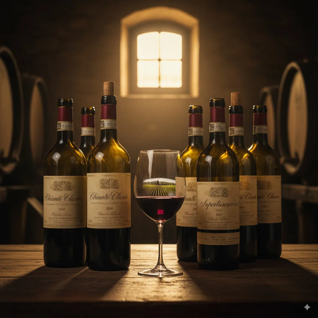 An atmospheric shot representing wine: perhaps a close-up of grapes on the vine, a filled wine glass with beautiful light reflection, or a selection of wine bottles from a specific region.